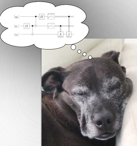 Older Jazz dozing against a couch cushion, with a cartoon thought bubble above her showing a quantum circuit diagram.